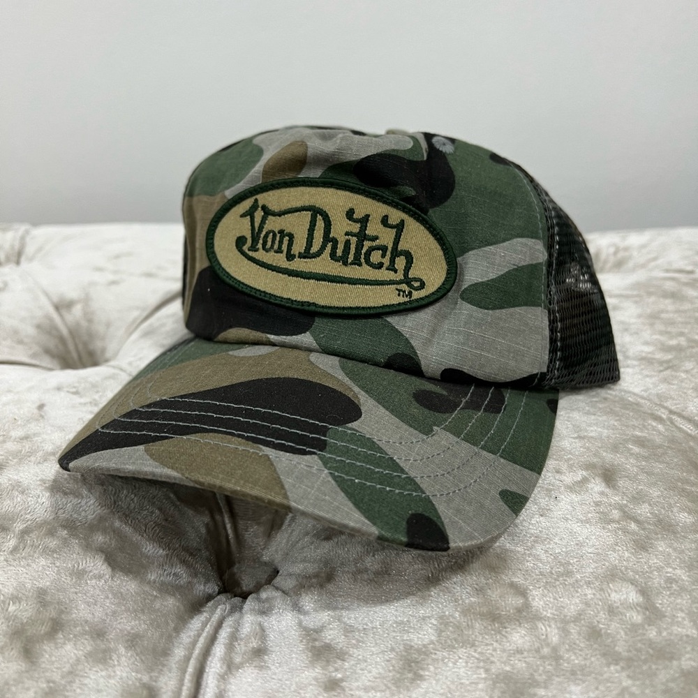 Von Dutch Vintage Y2K Trucker/Baseball Hat Green Khaki Black Army Camo Prnt NWOT